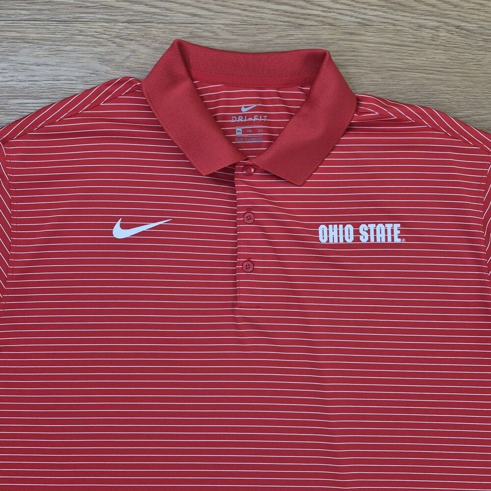 Nike Ohio State Buckeyes Polo Shirt Mens 2XL Red Striped Performance Stretch EUC
